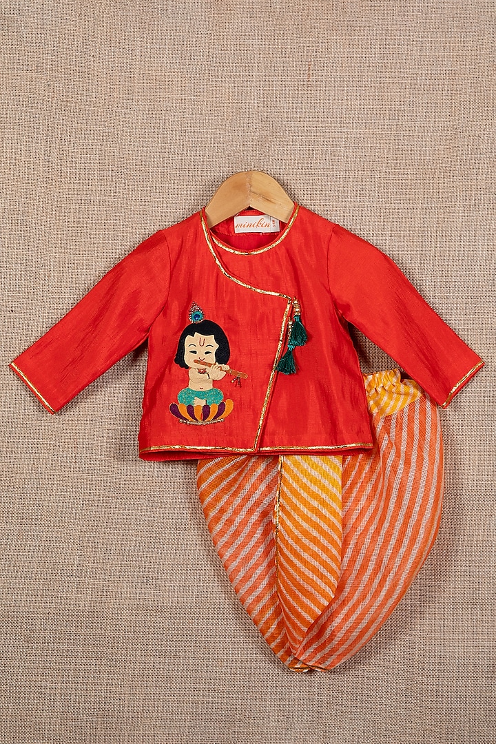 Red Cotton Silk Motif Embroidered Angrakha Kurta Set For Boys by Minikin