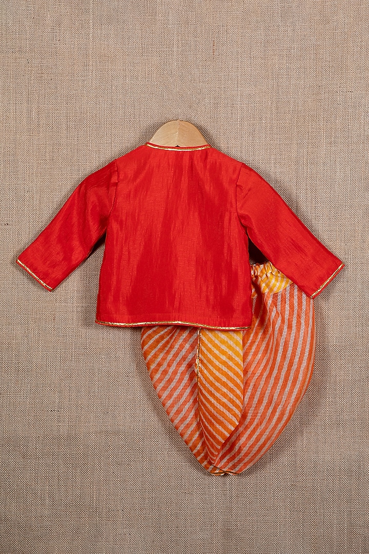 Red Cotton Silk Motif Embroidered Angrakha Kurta Set For Boys by Minikin at Pernia's Pop Up Shop