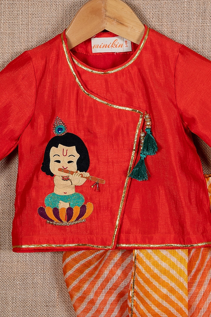 Red Cotton Silk Motif Embroidered Angrakha Kurta Set For Boys by Minikin at Pernia's Pop Up Shop