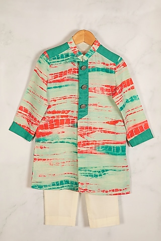 Green Cotton Silk Tie-Dye Printed Kurta Set For Boys by Minikin