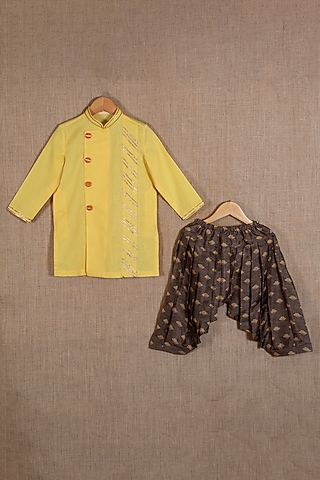 Yellow Khadi Linen Gota Embroidered Kurta Set For Boys by Minikin
