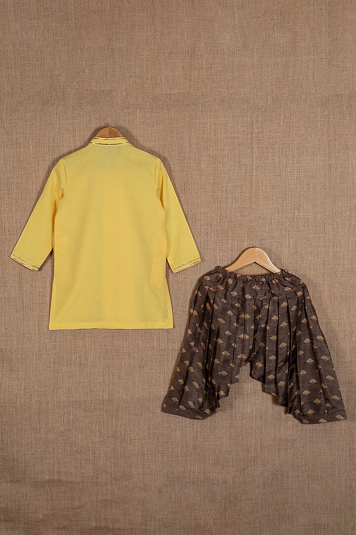 Yellow Khadi Linen Gota Embroidered Kurta Set For Boys by Minikin at Pernia's Pop Up Shop