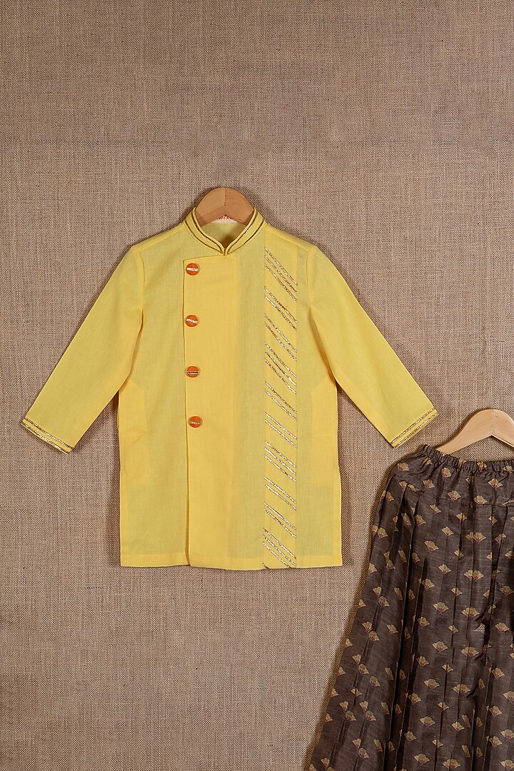 Yellow Khadi Linen Gota Embroidered Kurta Set For Boys by Minikin at Pernia's Pop Up Shop