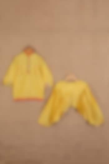 Yellow Cotton Silk Pathani Kurta Set For Boys by Minikin