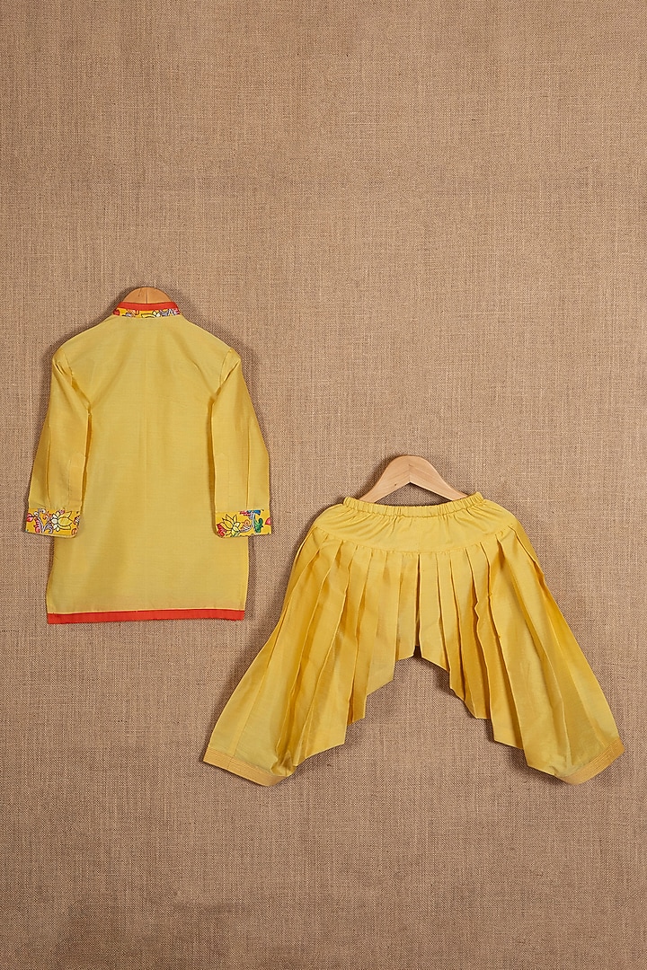 Yellow Cotton Silk Pathani Kurta Set For Boys by Minikin at Pernia's Pop Up Shop