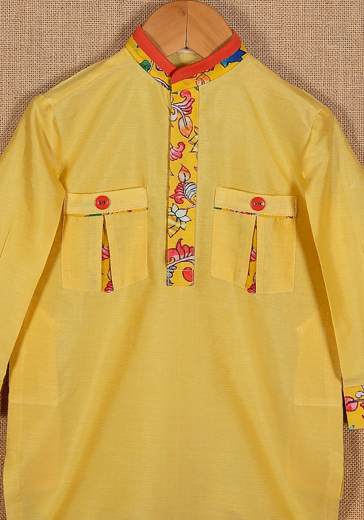 Yellow Cotton Silk Pathani Kurta Set For Boys by Minikin at Pernia's Pop Up Shop