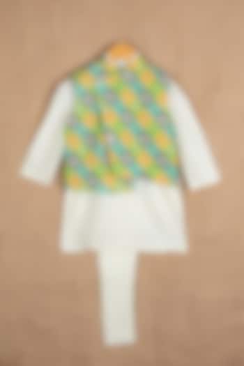 Green Cotton Silk Patola Printed Nehru Jacket Set For Boys by Minikin