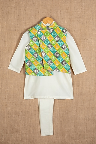 Green Cotton Silk Patola Printed Nehru Jacket Set For Boys by Minikin