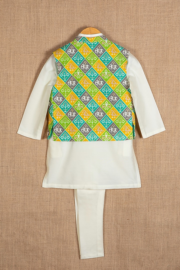 Green Cotton Silk Patola Printed Nehru Jacket Set For Boys by Minikin at Pernia's Pop Up Shop