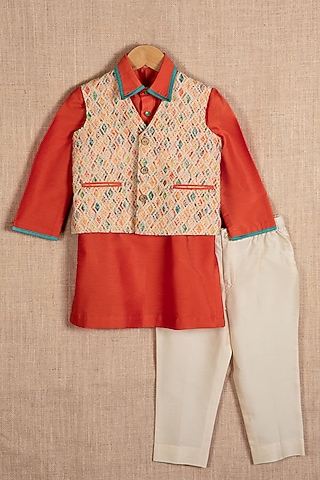 Multi-Colored Cotton Silk Nehru Jacket Set For Boys by Minikin