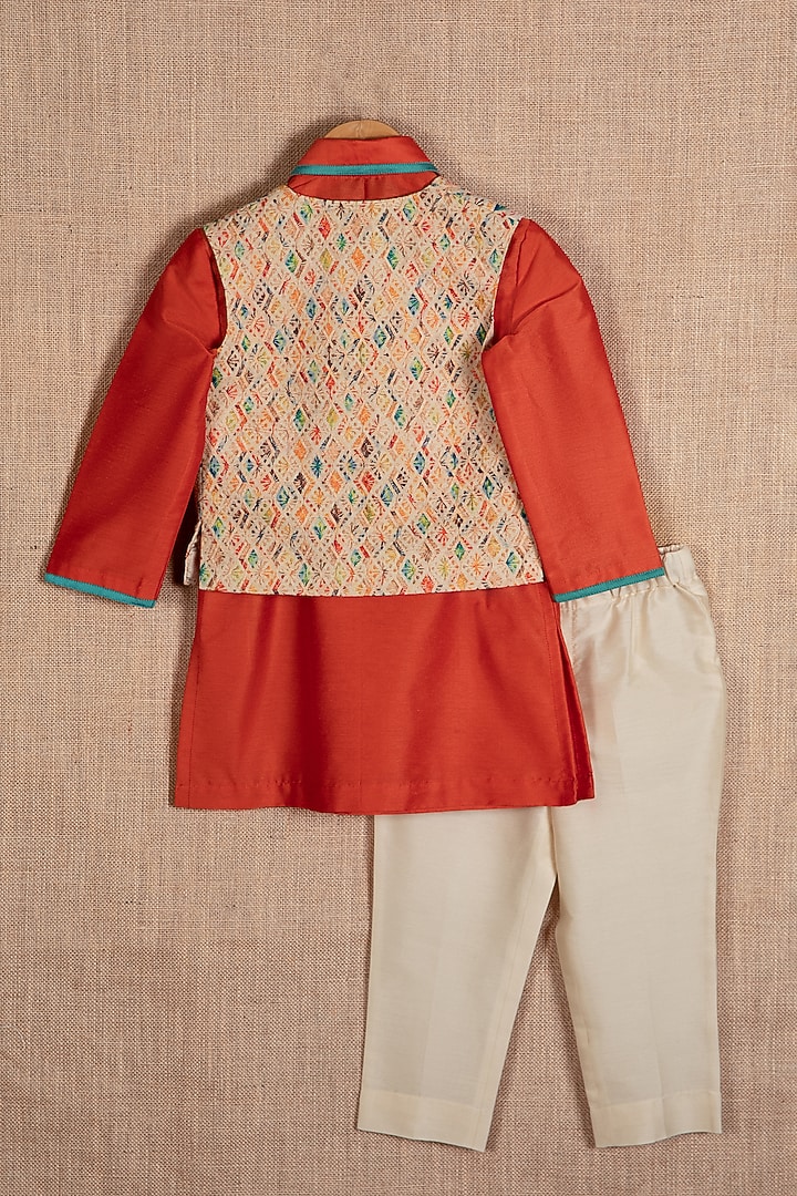 Multi-Colored Cotton Silk Nehru Jacket Set For Boys by Minikin at Pernia's Pop Up Shop