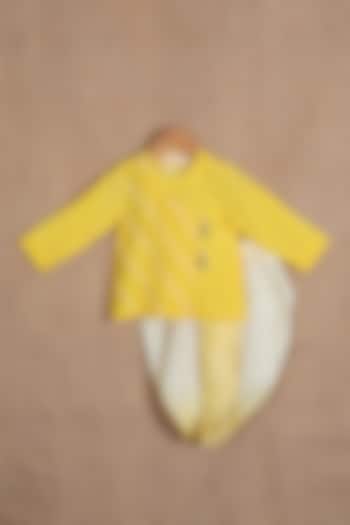 Yellow Cotton Silk Moti Hand Embroidered Angrakha Kurta Set For Boys by Minikin