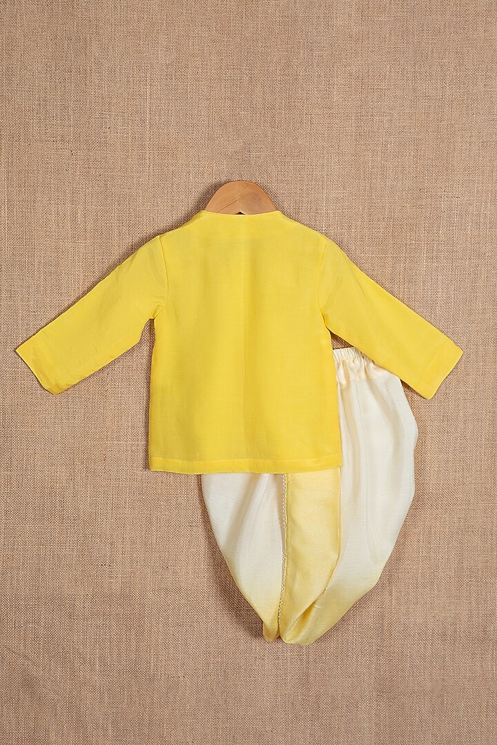 Yellow Cotton Silk Moti Hand Embroidered Angrakha Kurta Set For Boys by Minikin at Pernia's Pop Up Shop