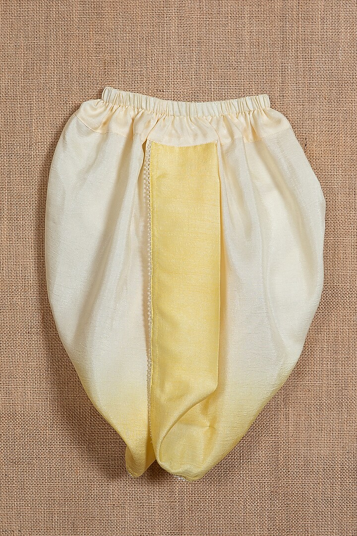 Yellow Cotton Silk Moti Hand Embroidered Angrakha Kurta Set For Boys by Minikin at Pernia's Pop Up Shop