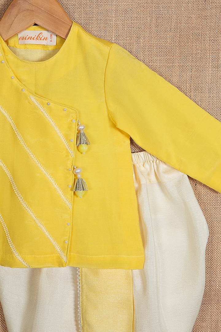 Yellow Cotton Silk Moti Hand Embroidered Angrakha Kurta Set For Boys by Minikin at Pernia's Pop Up Shop