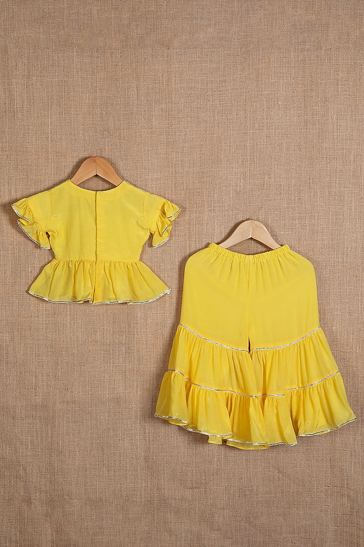 Yellow Muslin Gota Lace Embroidered Sharara Set For Girls by Minikin at Pernia's Pop Up Shop