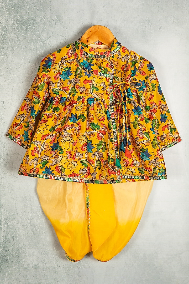 Yellow Chanderi Silk Lotus Printed Angrakha Kurta Set For Boys by Minikin