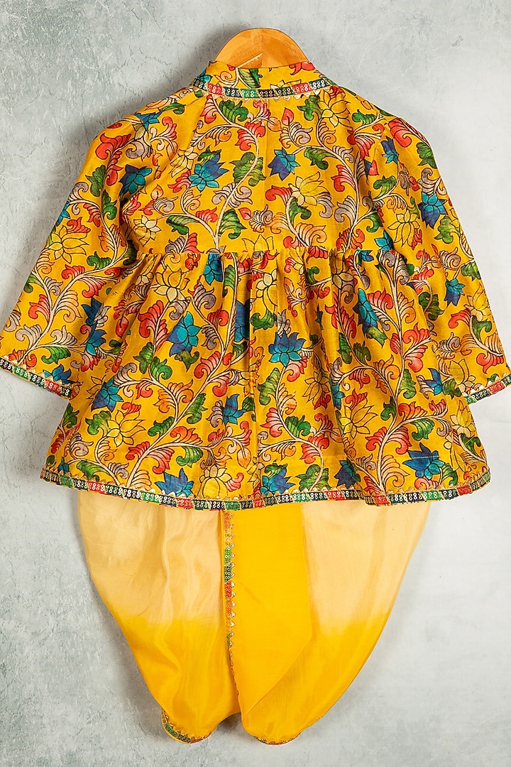 Yellow Chanderi Silk Lotus Printed Angrakha Kurta Set For Boys by Minikin at Pernia's Pop Up Shop