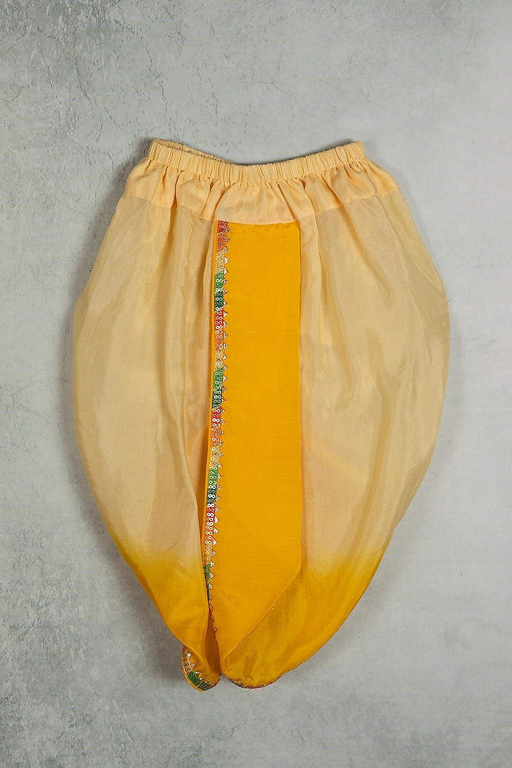 Yellow Chanderi Silk Lotus Printed Angrakha Kurta Set For Boys by Minikin at Pernia's Pop Up Shop