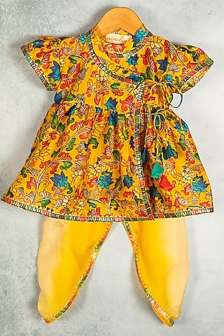 Yellow Chanderi Silk Lotus Printed Angrakha Kurta Set For Girls by Minikin