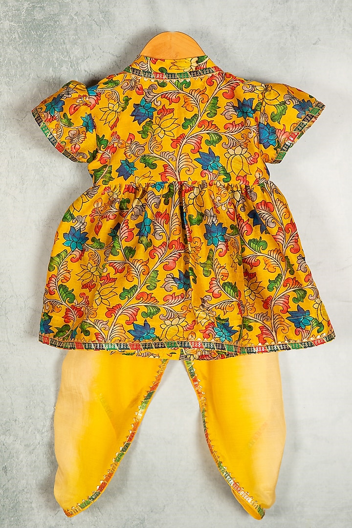 Yellow Chanderi Silk Lotus Printed Angrakha Kurta Set For Girls by Minikin at Pernia's Pop Up Shop