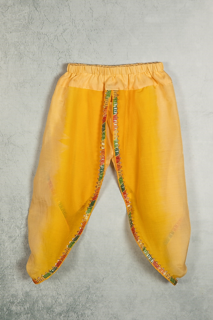 Yellow Chanderi Silk Lotus Printed Angrakha Kurta Set For Girls by Minikin at Pernia's Pop Up Shop
