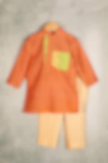 Orange Chanderi Silk Printed Kurta Set For Boys by Minikin
