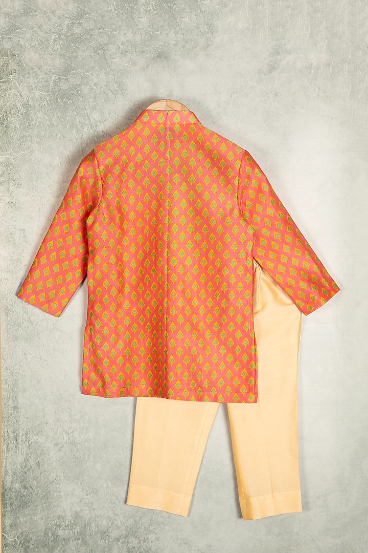Orange Chanderi Silk Printed Kurta Set For Boys by Minikin at Pernia's Pop Up Shop