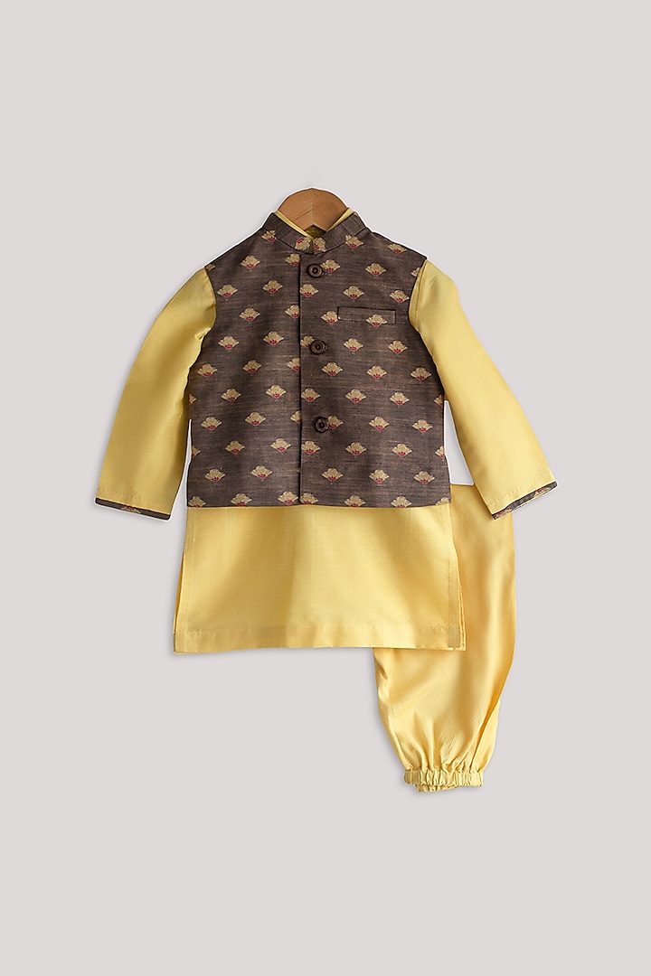 Yellow Cotton Silk Kurta Set With Printed Nehru Jacket For Boys by Minikin