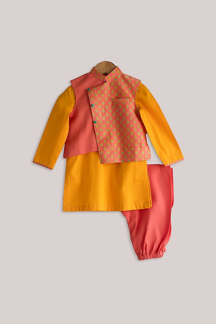 Golden Yellow Cotton Silk Kurta Set With Printed Nehru Jacket For Boys by Minikin