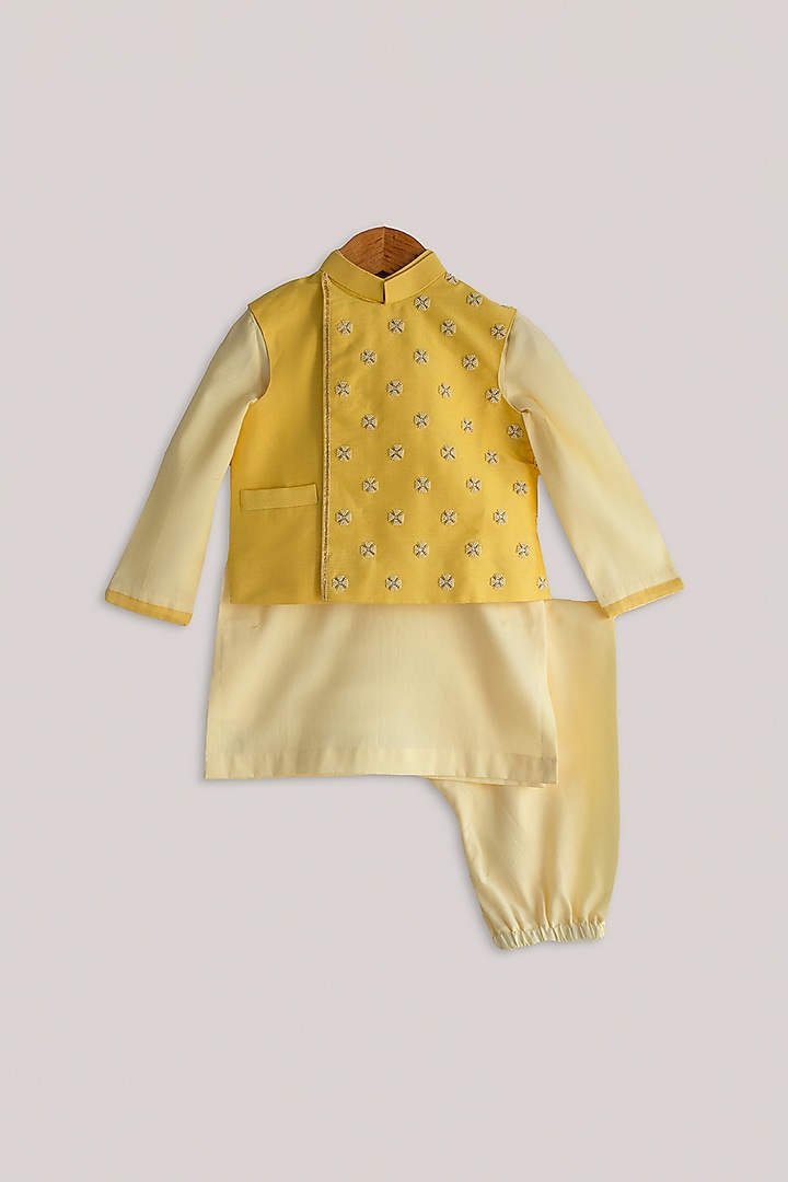 Cream Cotton SIlk Kurta Set With Embroidered Nehru Jacket For Boys by Minikin