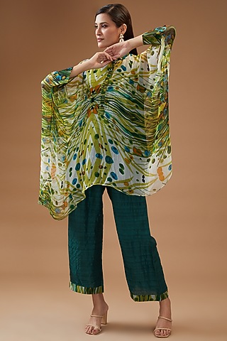 Green Silk Chiffon Printed Kurta Set by Momkidsfashion
