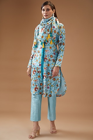 Aqua Blue Dupion Silk Printed Kurta Set by Momkidsfashion