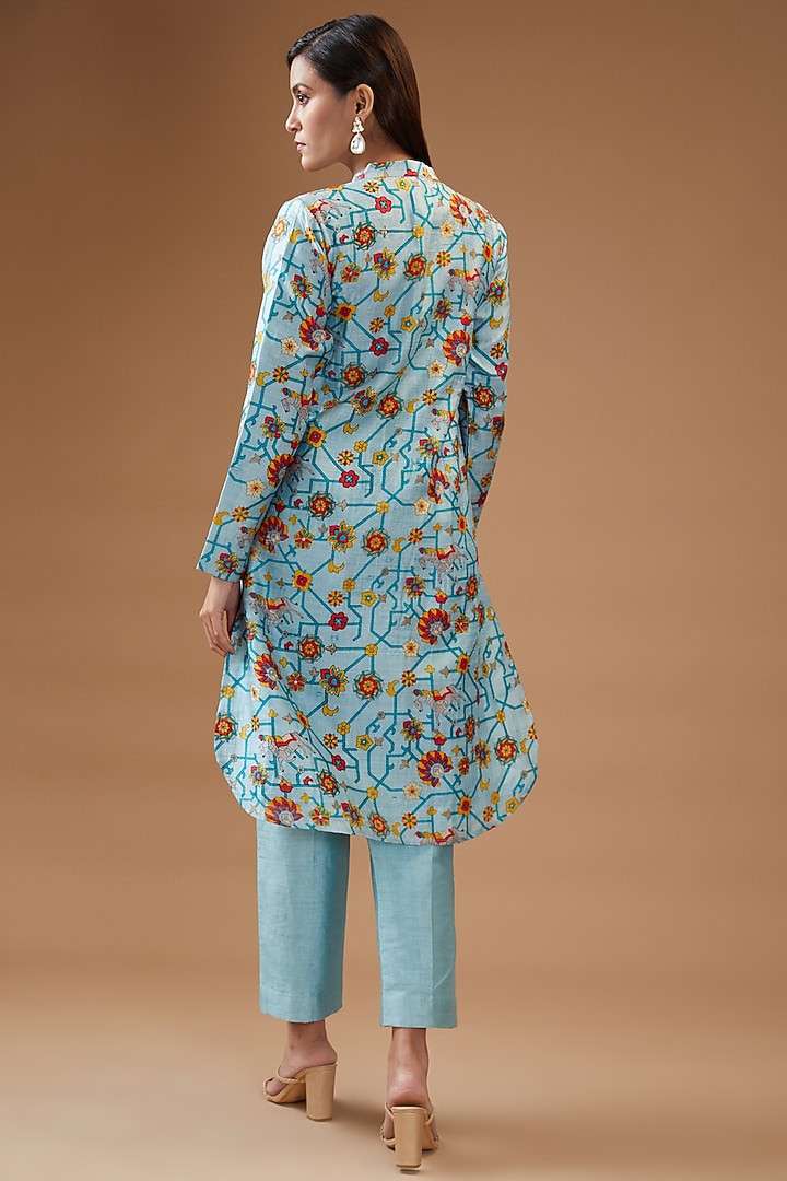 Aqua Blue Dupion Silk Printed Kurta Set by Momkidsfashion at Pernia's Pop Up Shop