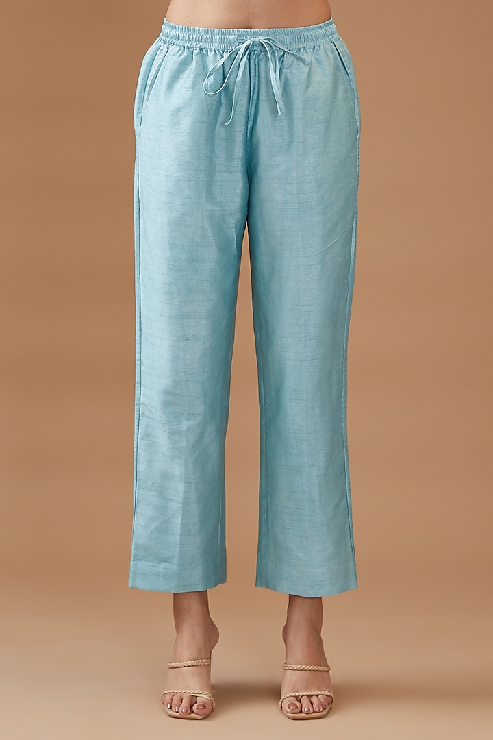 Aqua Blue Dupion Silk Printed Kurta Set by Momkidsfashion at Pernia's Pop Up Shop