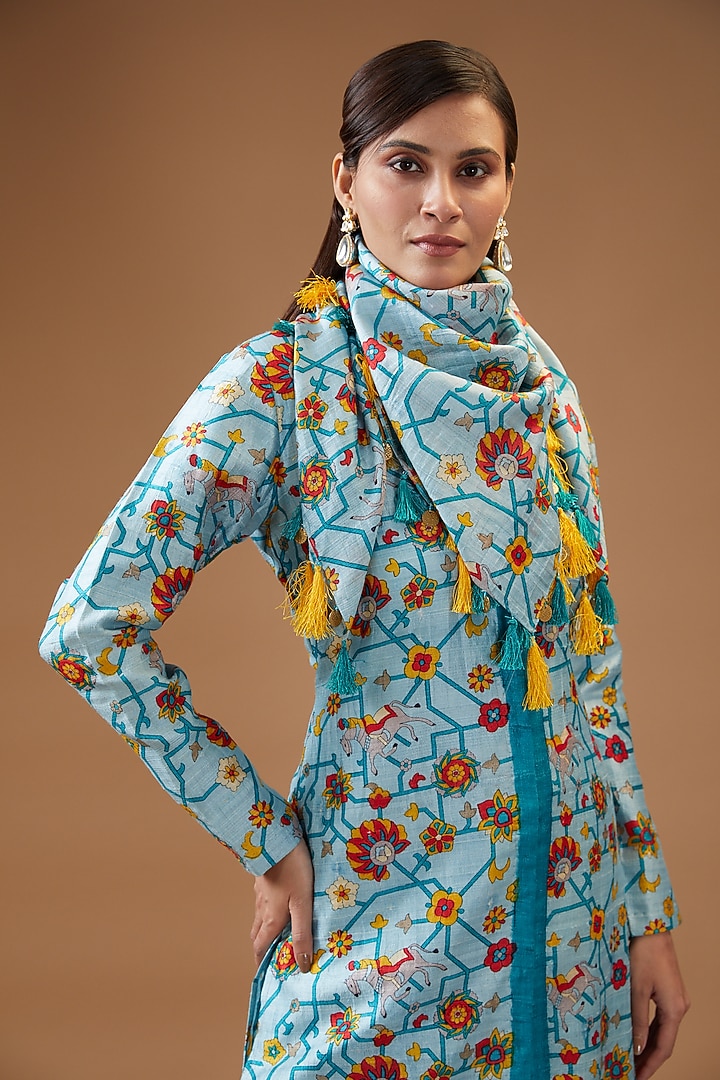 Aqua Blue Dupion Silk Printed Kurta Set by Momkidsfashion at Pernia's Pop Up Shop