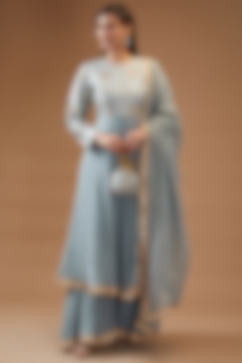 Greyish-Blue Brocade Silk & Viscose Wedding Anarkali Set by Momkidsfashion at Pernia's Pop Up Shop