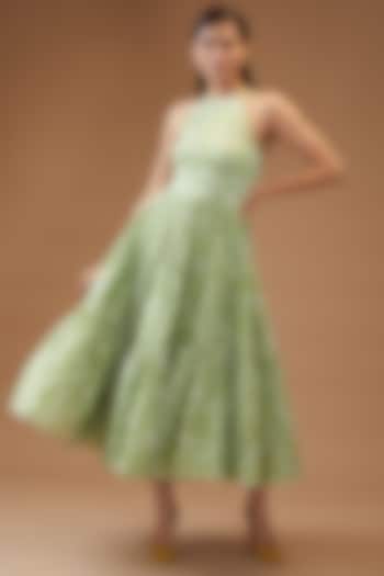 Green Chanderi Silk Printed Maxi Dress by Momkidsfashion
