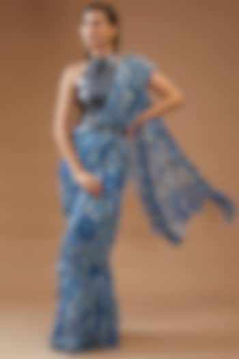 Blue Chiffon Pre-Draped Printed Saree Set by Momkidsfashion