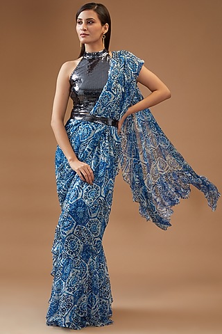 Blue Chiffon Pre-Draped Printed Saree Set by Momkidsfashion