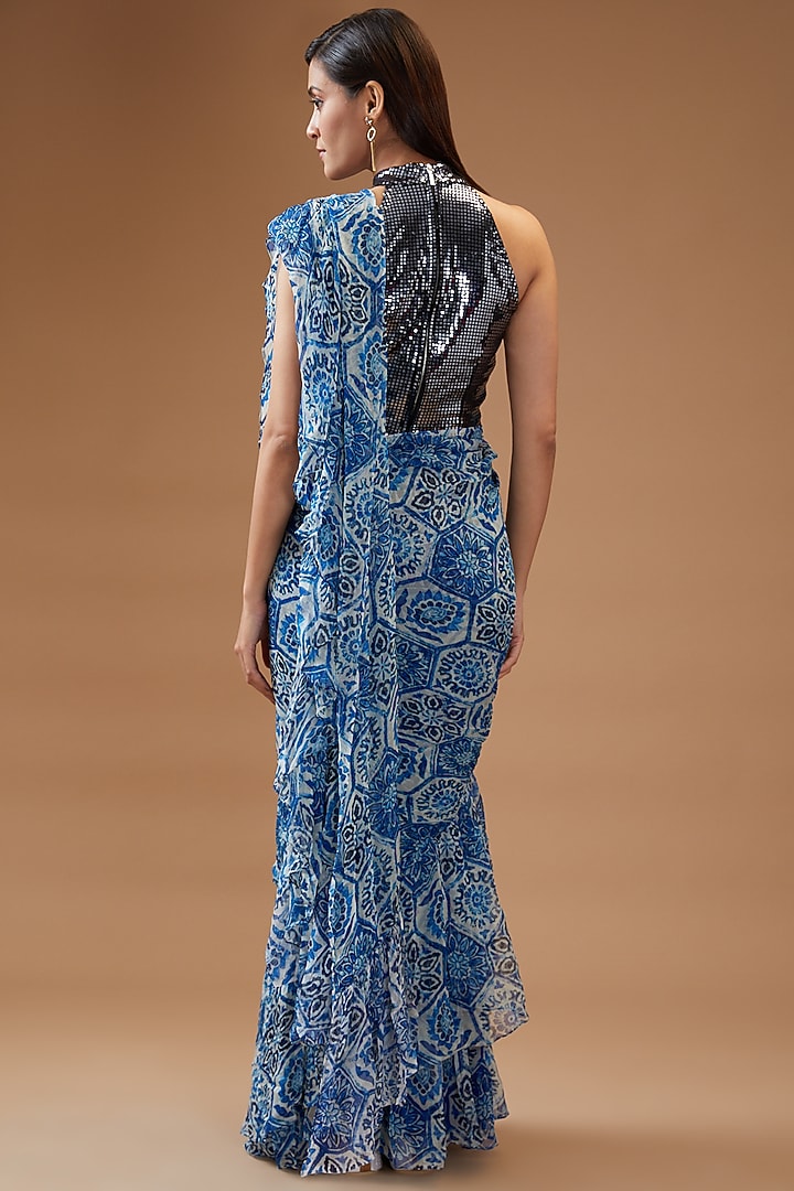 Blue Chiffon Pre-Draped Printed Wedding Saree Set by Momkidsfashion at Pernia's Pop Up Shop
