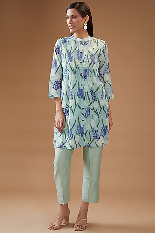 Mint Polyester & Chanderi Printed Kurta Set by Momkidsfashion