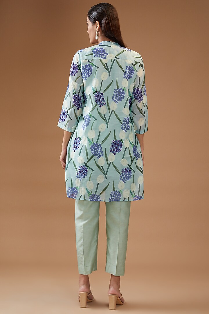 Mint Polyester & Chanderi Printed Kurta Set by Momkidsfashion at Pernia's Pop Up Shop