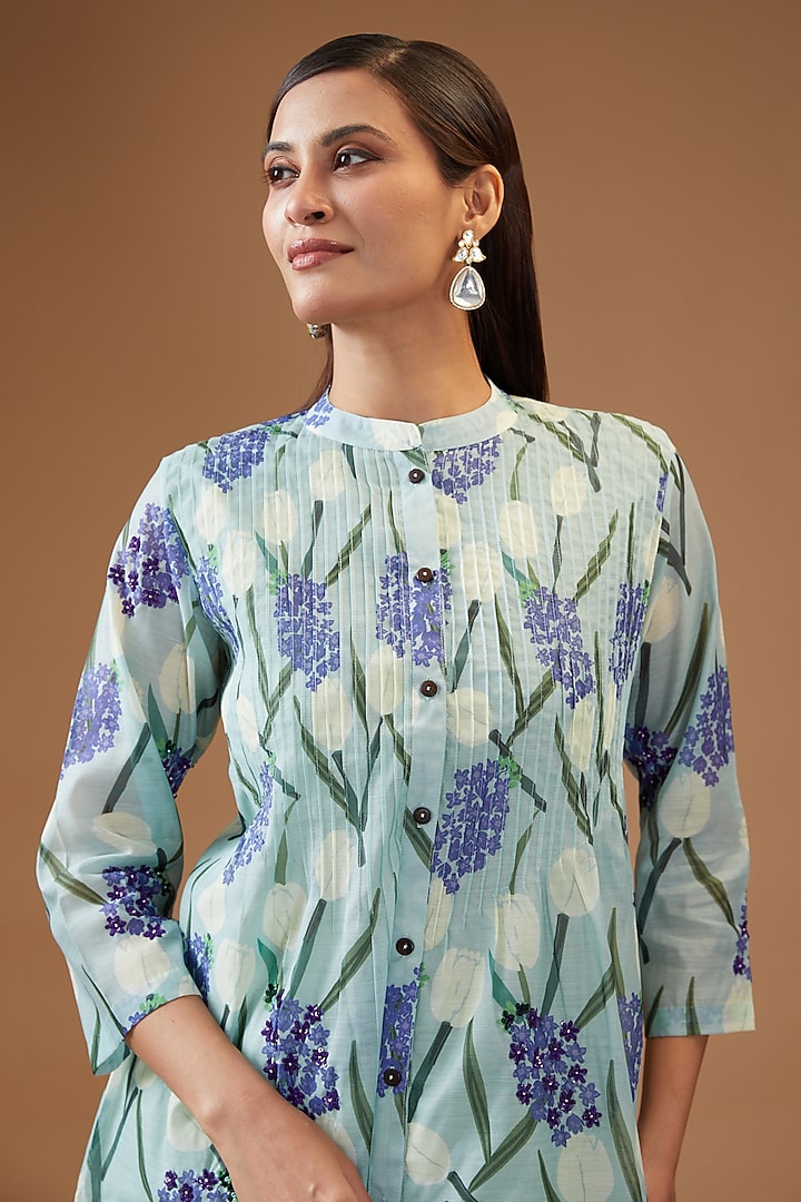 Mint Polyester & Chanderi Printed Kurta Set by Momkidsfashion at Pernia's Pop Up Shop