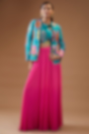 Blue & Pink Silk Georgette Embroidered Jacket Wedding Lehenga Set by Momkidsfashion at Pernia's Pop Up Shop