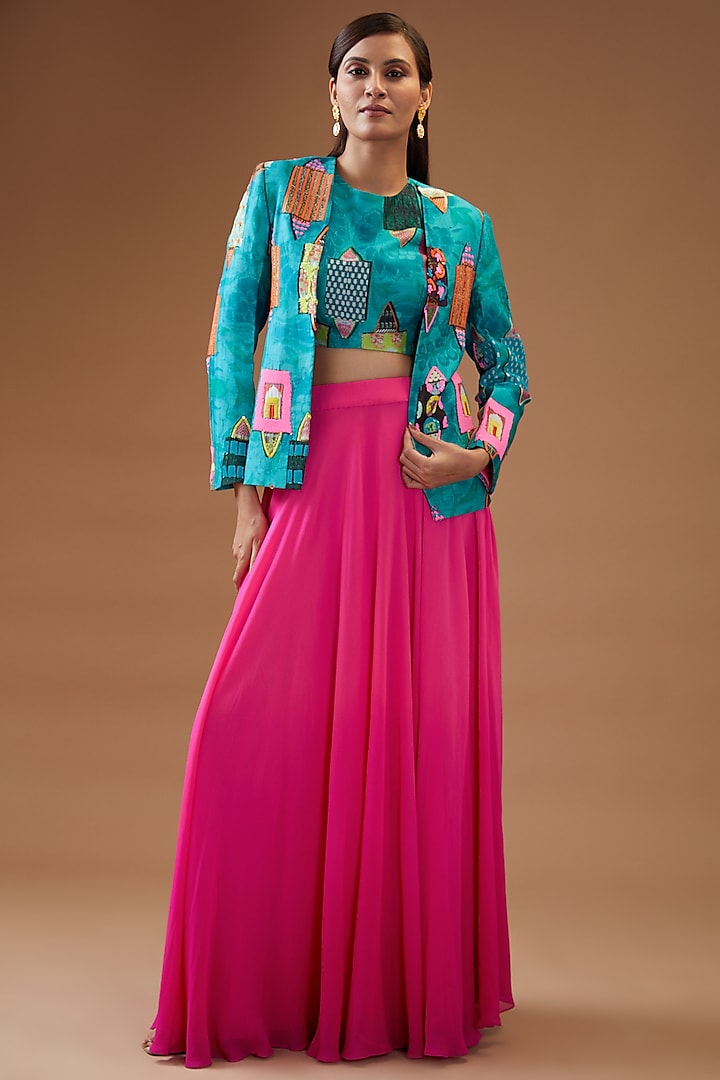 Blue & Pink Silk Georgette Embroidered Jacket Wedding Lehenga Set by Momkidsfashion at Pernia's Pop Up Shop