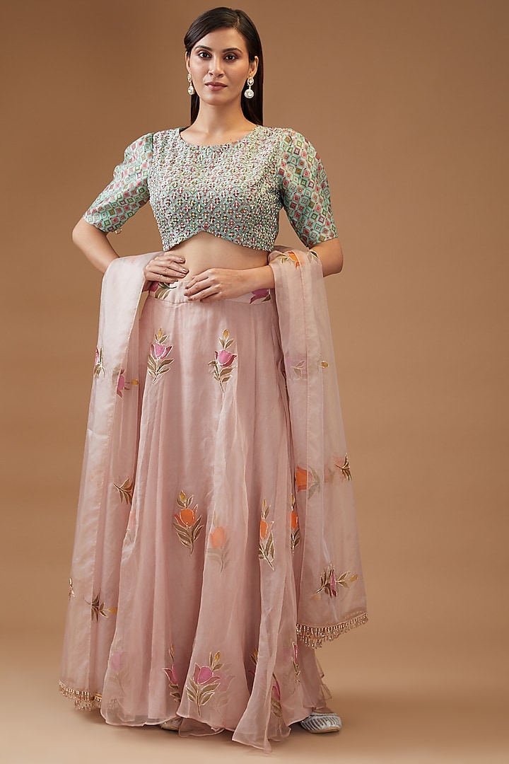 Baby Pink Organza Embroidered Wedding Lehenga Set by Momkidsfashion at Pernia's Pop Up Shop