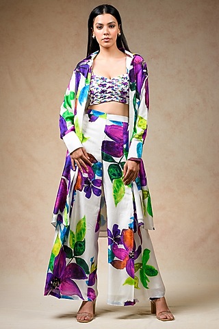 Multi-Colored Cupro Silk Floral Printed Co-Ord Set by Momkidsfashion