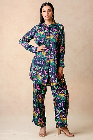 Navy Blue Cupro Silk & Shantoon Printed Co-Ord Set by Momkidsfashion