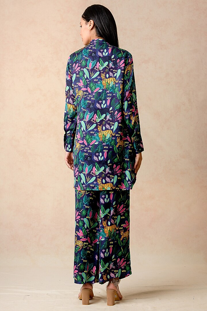 Navy Blue Cupro Silk & Shantoon Printed Co-Ord Set by Momkidsfashion at Pernia's Pop Up Shop